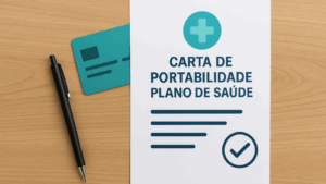 Documento com o título "Carta de Portabilidade Plano de Saúde" sobre mesa de madeira, com caneta e cartão de plano de saúde ao lado.