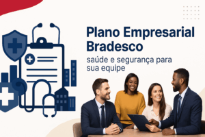Ilustração digital com profissionais em ambiente corporativo e ícones de saúde e gráficos, representando os benefícios do plano empresarial Bradesco.
