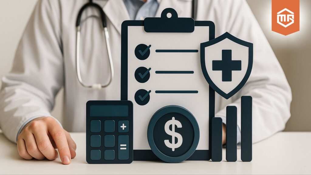 Médico com estetoscópio ao fundo e ícones gráficos 3D representando saúde, finanças e checklist sobre uma mesa.