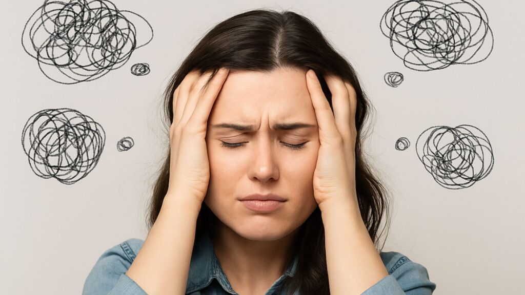 Mulher com expressão de angústia segurando a cabeça, cercada por rabiscos que simbolizam pensamentos confusos.