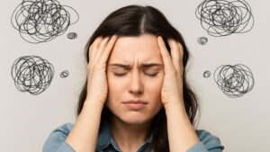 Mulher com expressão de angústia segurando a cabeça, cercada por rabiscos que simbolizam pensamentos confusos.