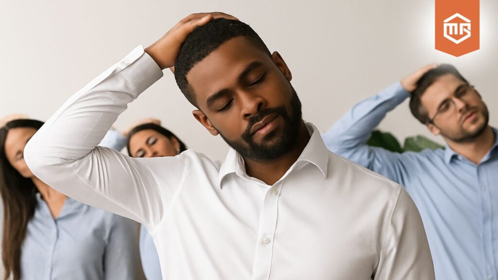 Quatro profissionais realizando exercícios de alongamento no ambiente de trabalho durante uma sessão de ginástica laboral.