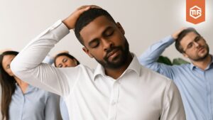 Quatro profissionais realizando exercícios de alongamento no ambiente de trabalho durante uma sessão de ginástica laboral.