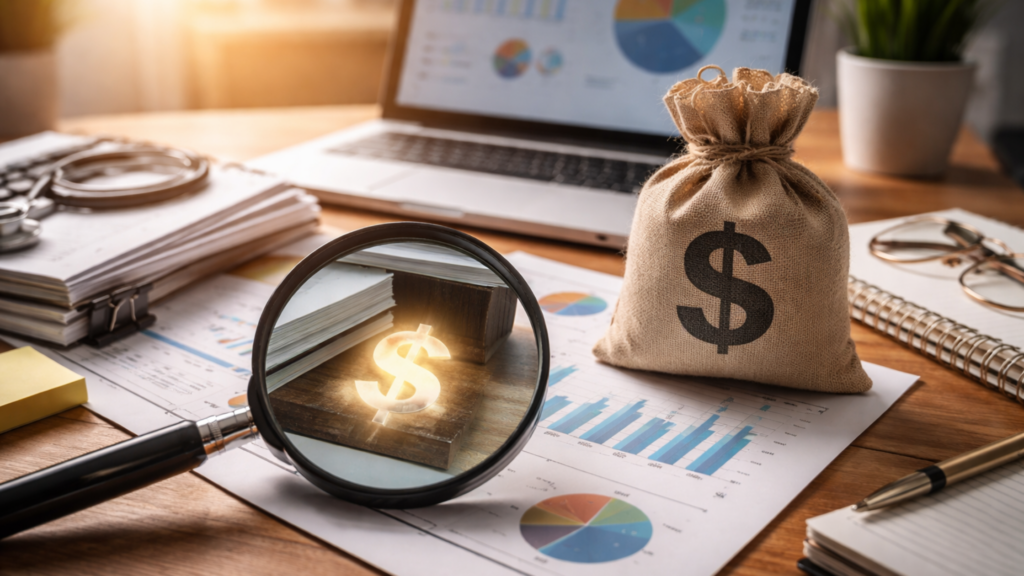 Análise de benefícios corporativos com relatórios financeiros, laptop e lupa sobre documentos, representando custos invisíveis na operação.